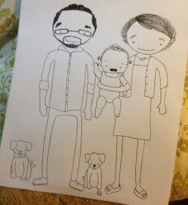 My Family – the super husband, my wee little teacher and the pooches (as portrayed by the great Aimee Slater).