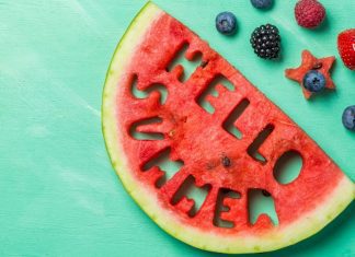 pic of watermelon with "Hello Summer" cut into it