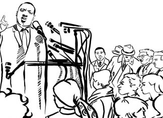Drawing of Dr. Martin Luther King, Jr., speaking to a crowd