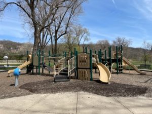 English Landing Park playground has many different slides, bars, and other fun equipment for visitors to play on