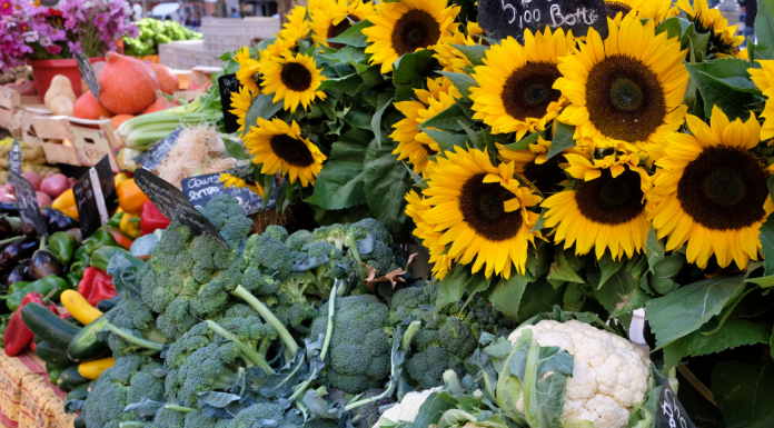 vegetables and sunflowers at farmer's market