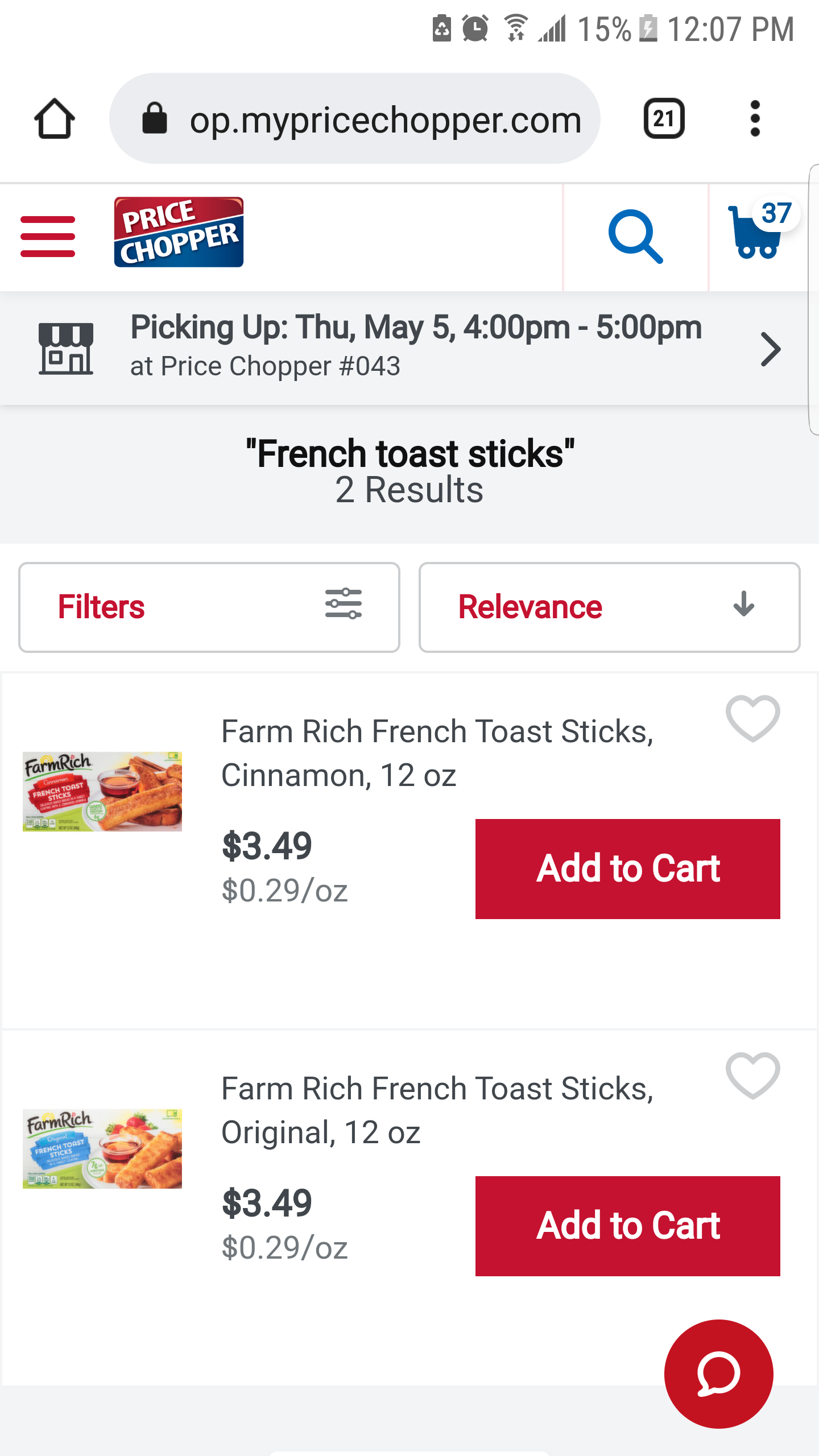 Price Chopper site search results for french toast sticks two items found